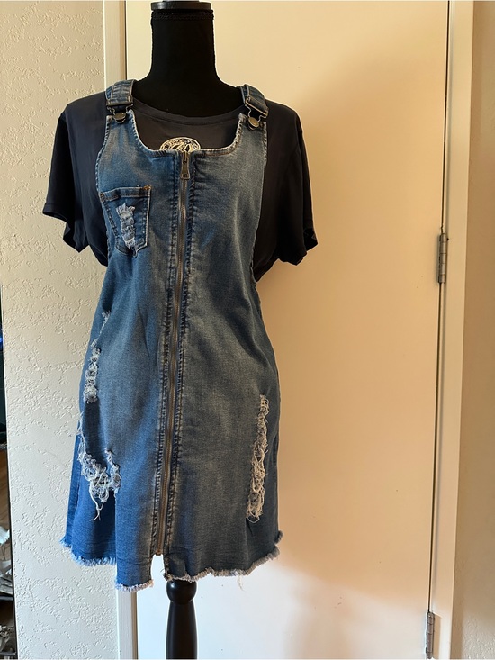 American Bazi Dresses & Skirts - Denim Jumper Dress - Juniors Size Large- Zipper Front/ Distressed Blue Stretchy